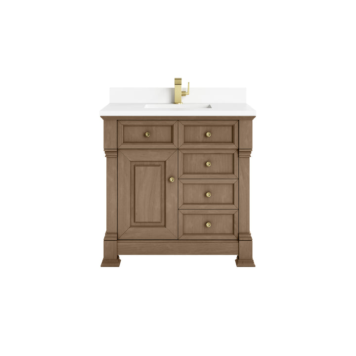 Brookfield 36" Single Vanity, Pecan w/ Single Hole 3CM White Zeus Silestone® Top & Backsplash