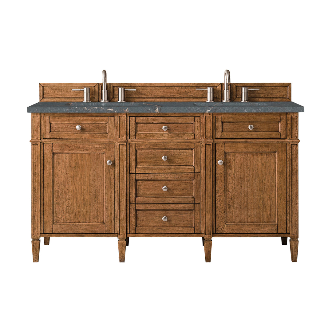 Brittany 60" Double Vanity, Saddle Brown w/ 3 CM Parisien Bleu Silestone Top w/FreePower Wireless Charger