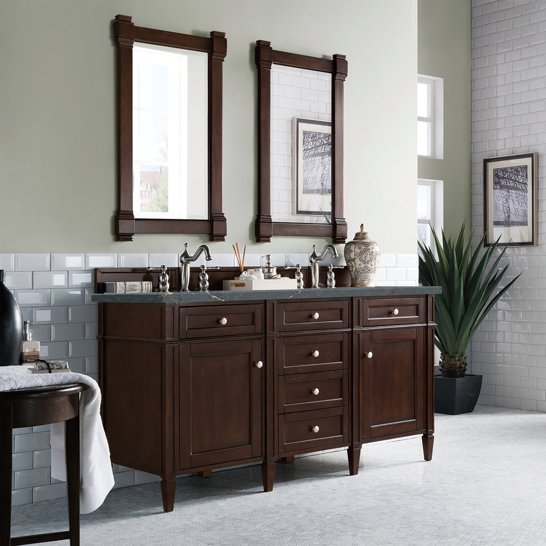 Brittany 60" Double Vanity, Burnished Mahogany w/ 3 CM Parisien Bleu Silestone Top w/FreePower Wireless Charger