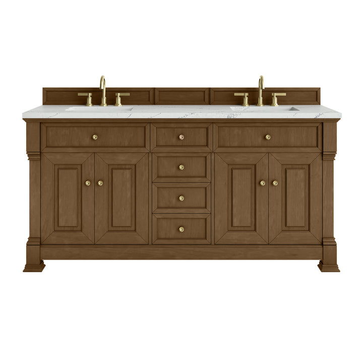 Brookfield 72" Double Vanity, Honey Oak w/ 3 CM Ethereal Noctis Silestone Top w/ FreePower Wireless Charger