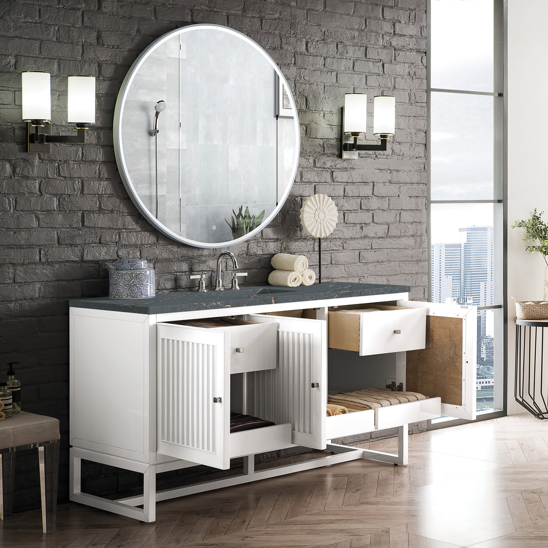 Athens 60" Single Vanity, Glossy White w/ 3 CM Parisien Bleu Silestone Top