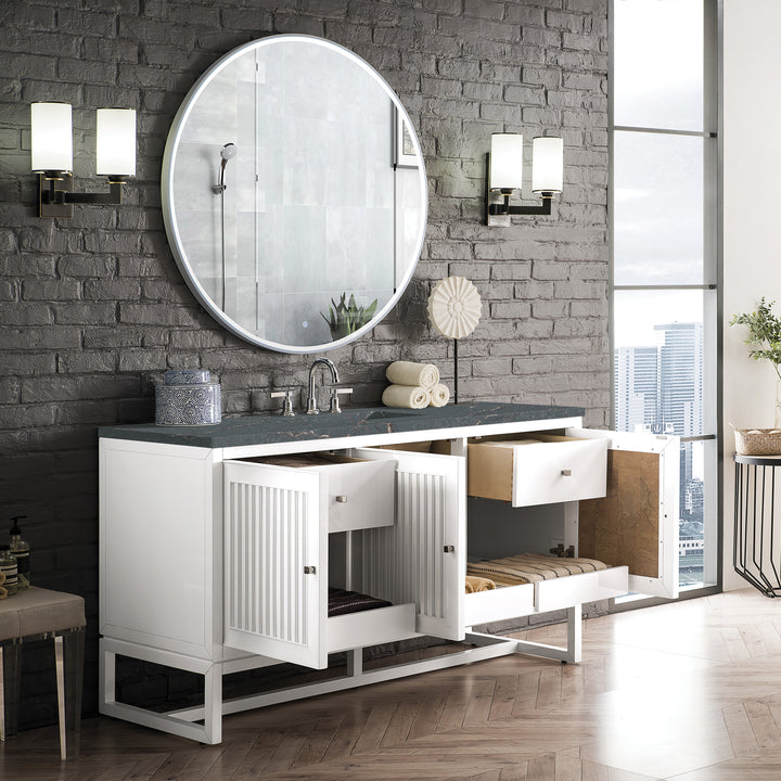 Athens 60" Single Vanity, Glossy White w/ 3 CM Parisien Bleu Silestone Top