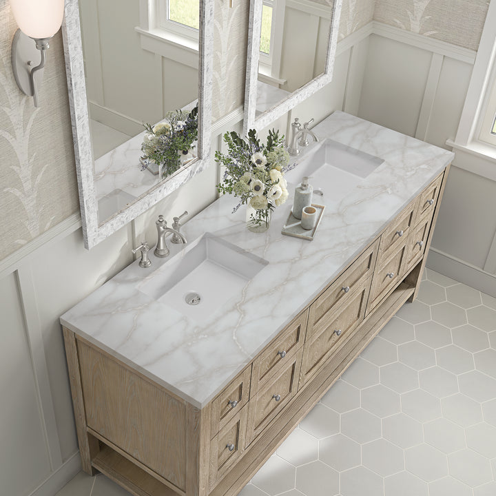 Breckenridge 72" Double Vanity, Whitewashed Oak w/ 3 CM Victorian Silver Silestone Top w/FreePower Wireless Charger