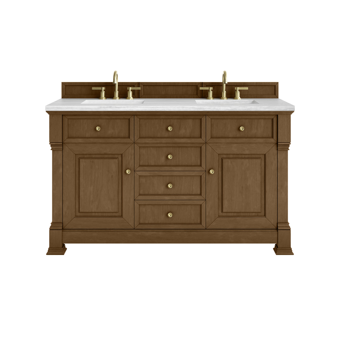 Brookfield 60" Double Vanity, Honey Oak w/ 3 CM Arctic Fall Solid Surface Top