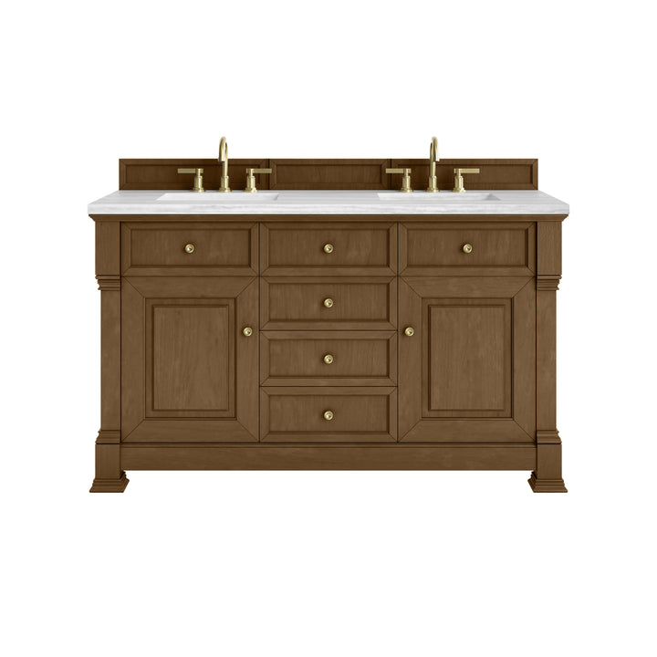 Brookfield 60" Double Vanity, Honey Oak w/ 3 CM Arctic Fall Solid Surface Top