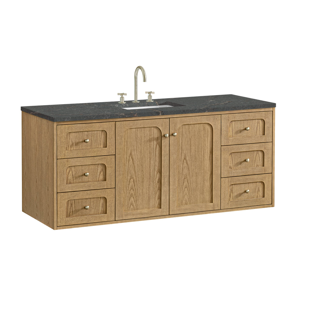 Laurent 60" Single Vanity, Light Natural Oak, w/ 3 CM Parisien Bleu Quartz Top