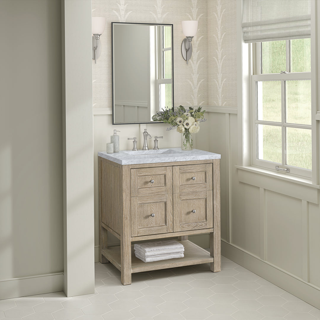 Breckenridge 30" Single Vanity, Whitewashed Oak w/ 3 CM Carrara White Marble Top