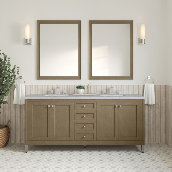 Chicago 72" Double Vanity, Walnut Whisper, w/ 3 CM Carrara Marble Top