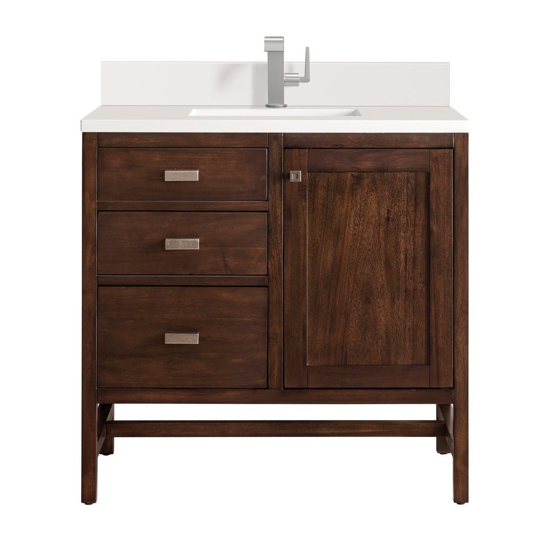 Addison 36" Single Vanity, Mid-Century Acacia w/ Single Hole 3 CM White Zeus Silestone Top & Backsplash