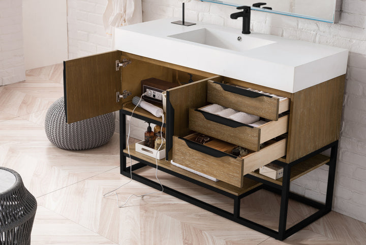 Columbia 48" Single Vanity, Latte Oak, Matte Black w/ Glossy White Composite Stone Top