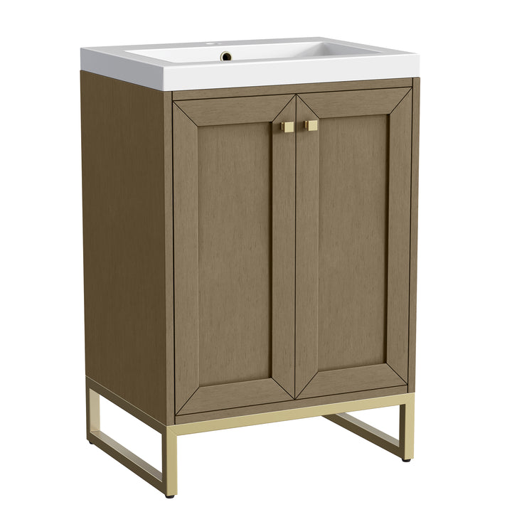 Chianti 24" Single Vanity, Walnut Whisper, Champagne Brass, w/ White Glossy Composite Stone Top