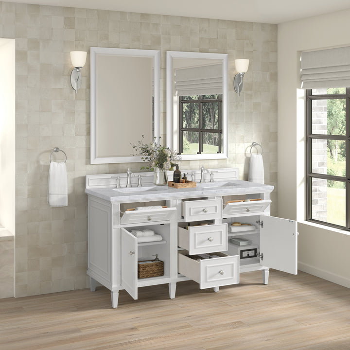 Lorelai 60" Double Vanity, Bright White w/ 3 CM Carrara White Marble Top