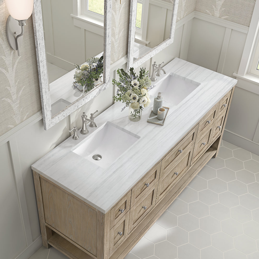 Breckenridge 72" Double Vanity, Whitewashed Oak w/ 3 CM Arctic Fall Solid Surface Top
