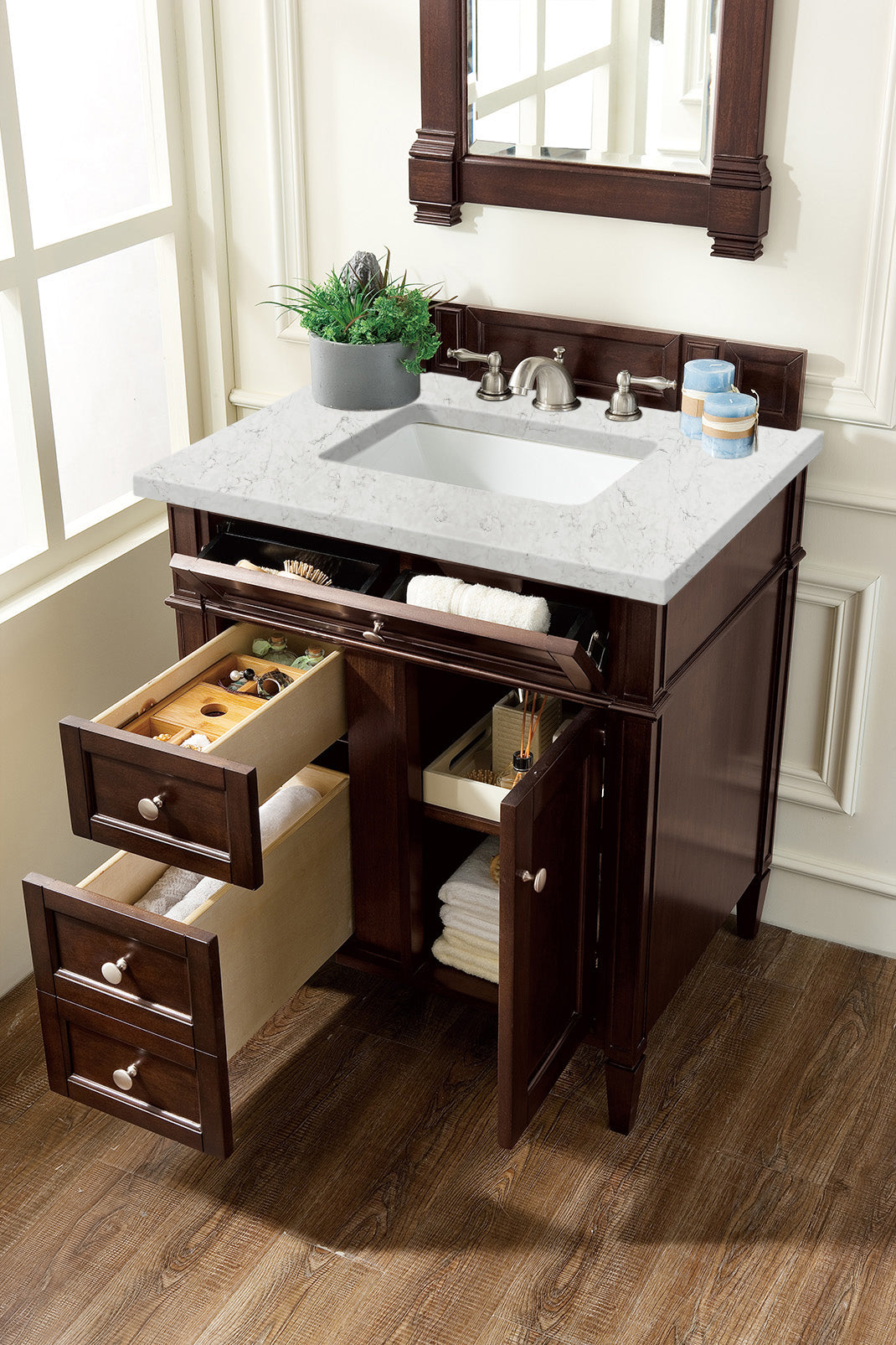 Brittany 30" Single Vanity, Burnished Mahogany, w/ 3 CM Eternal Jasmine Pearl Silestone Top