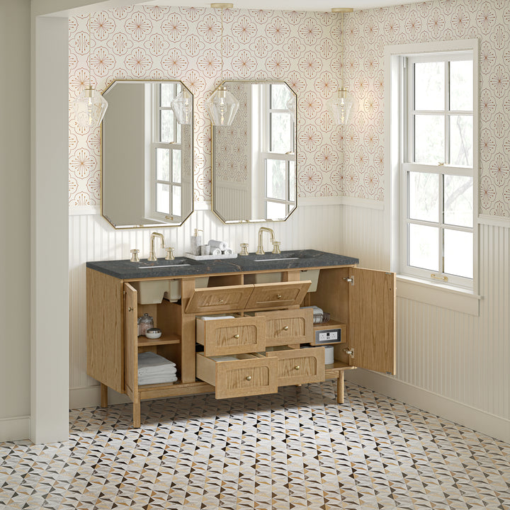 Laurent 60" Double Vanity, Light Natural Oak, w/ 3 CM Parisien Bleu Quartz Top w/FreePower Wireless Charger