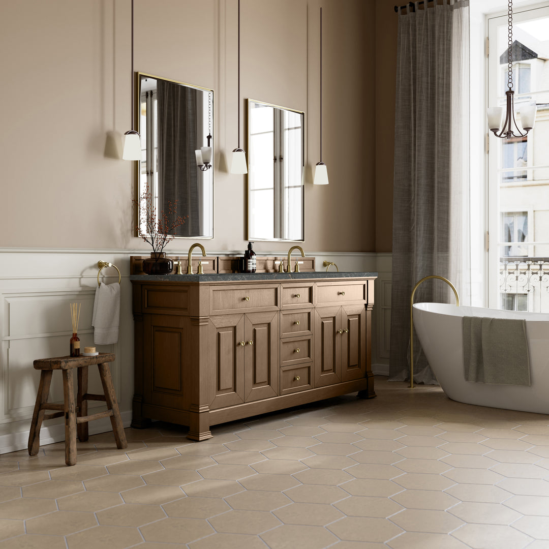 Brookfield 72" Double Vanity, Pecan w/ 3 CM Parisien Bleu Silestone Top w/ FreePower Wireless Charger