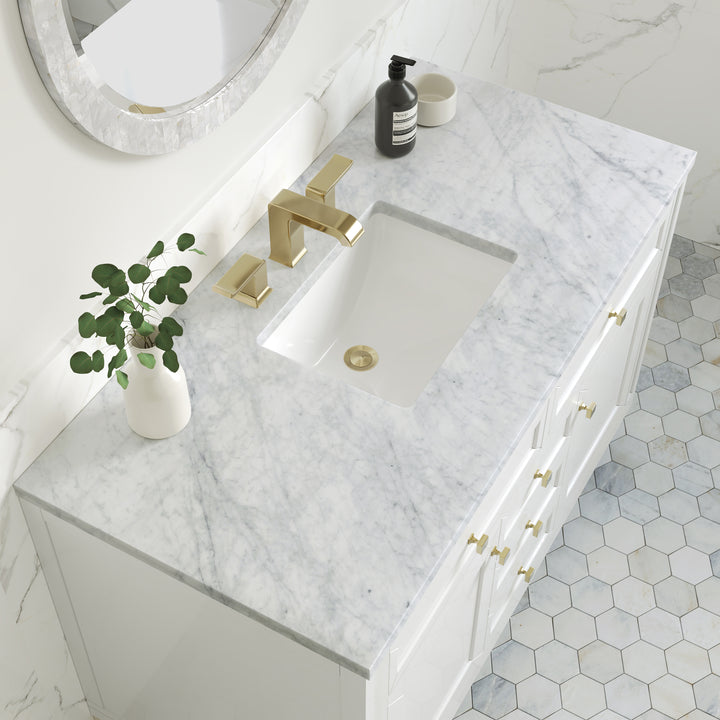 Chicago 48" Single Vanity, Glossy White, w/ 3 CM Carrara Marble Top