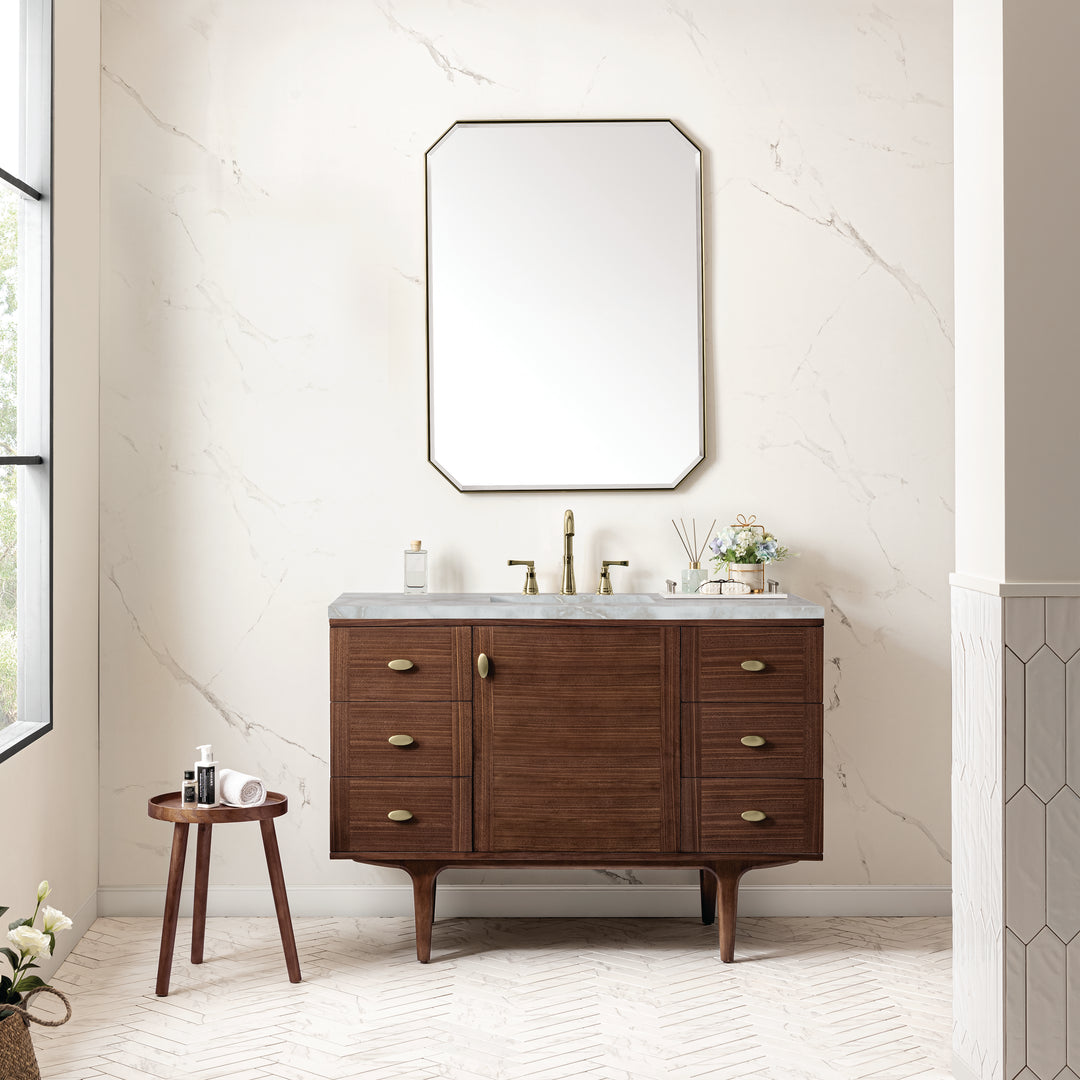 Amberly 48" Single Vanity, Mid-Century Walnut w/ 3 CM Victorian Silver Top w/FreePower Wireless Charger