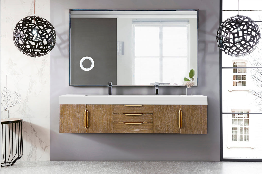 Columbia 72" Double Wall Mount Vanity, Latte Oak, Radiant Gold w/ Glossy White Composite Stone Top