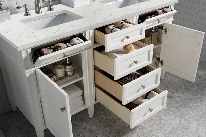 Brittany 60" Double Vanity, Bright White Vanity w/ 3 CM Eternal Jasmine Pearl Silestone Top