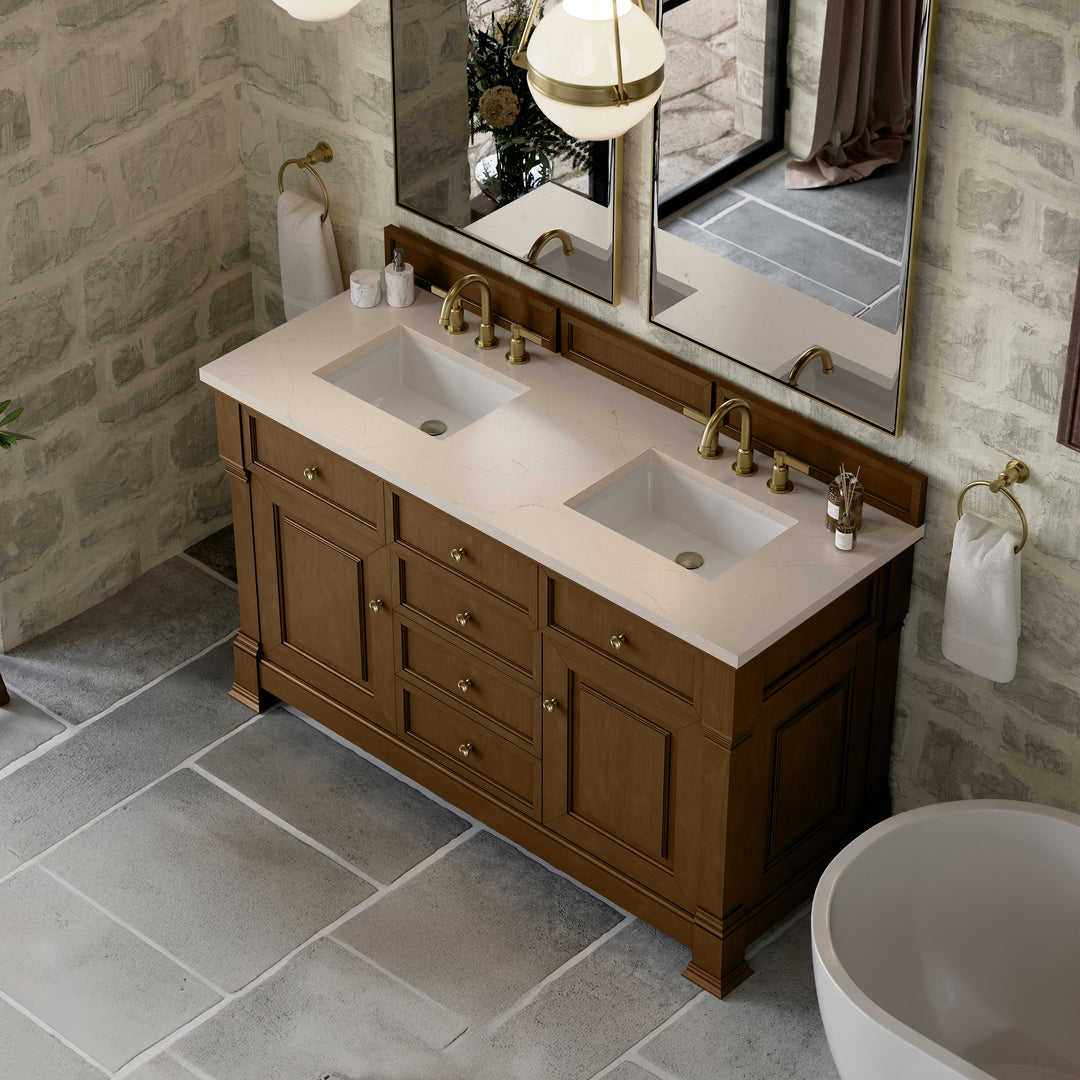Brookfield 60" Double Vanity, Honey Oak w/3 CM Eternal Marfil Silestone® Top