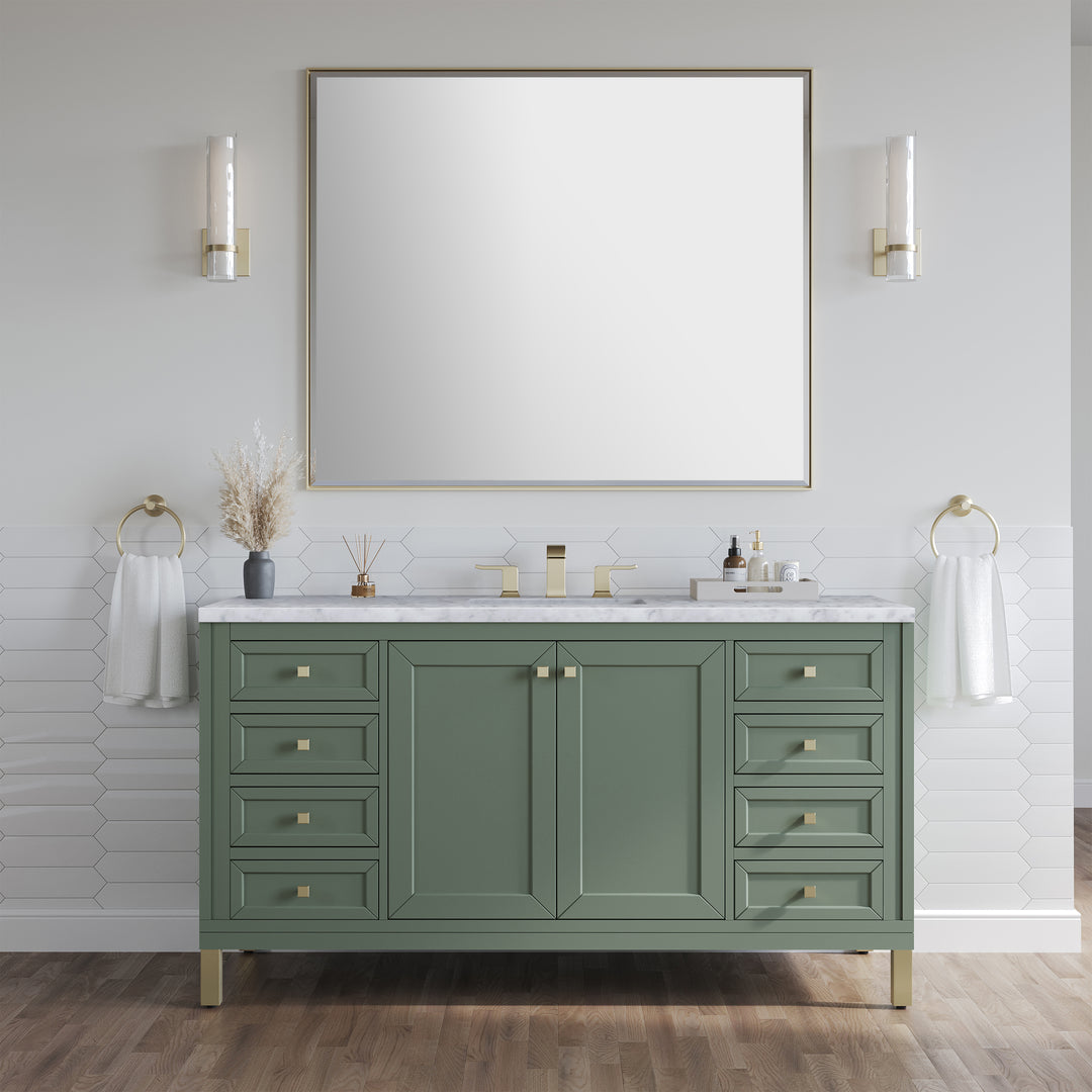 Chicago 60" Single Vanity, Smokey Celadon, w/ 3 CM Carrara Marble Top