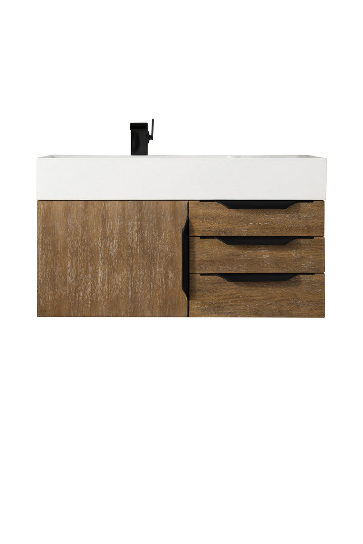 Columbia 36" Single Wall Mount Vanity, Latte Oak, Matte Black w/ Glossy White Composite Stone Top