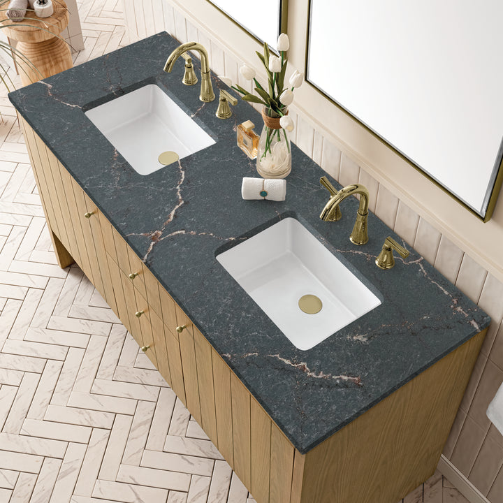 Hudson 60" Double Vanity, Light Natural Oak w/ 3 CM Parisien Bleu Top w/FreePower Wireless Charger