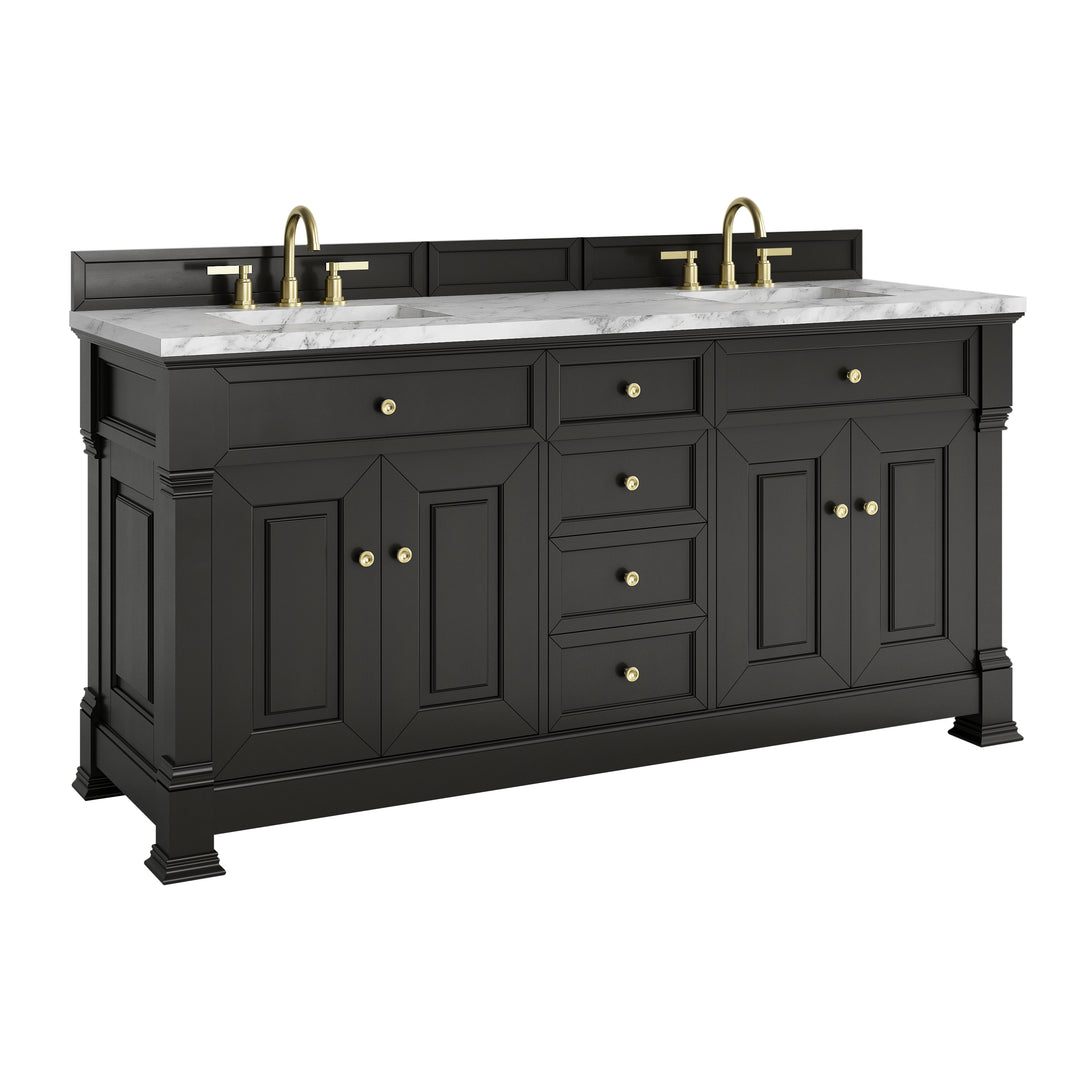 Brookfield 72" Double Vanity, Black Onyx w/3 CM Carrara White Marble Top