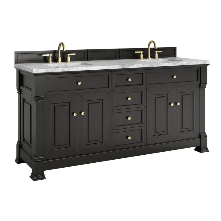 Brookfield 72" Double Vanity, Black Onyx w/3 CM Carrara White Marble Top
