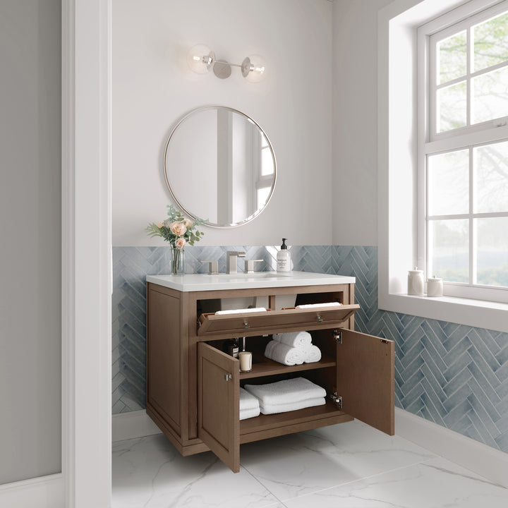 Chicago 36" Single Vanity, Walnut Whisper, w/ 3 CM White Zeus Silestone® Top