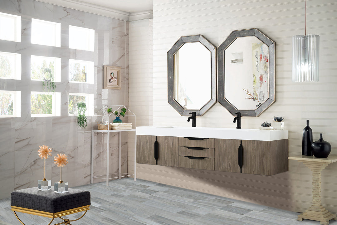 Columbia 72" Double Wall Mount Vanity, Ash Gray, Matte Black w/ Glossy White Composite Stone Top