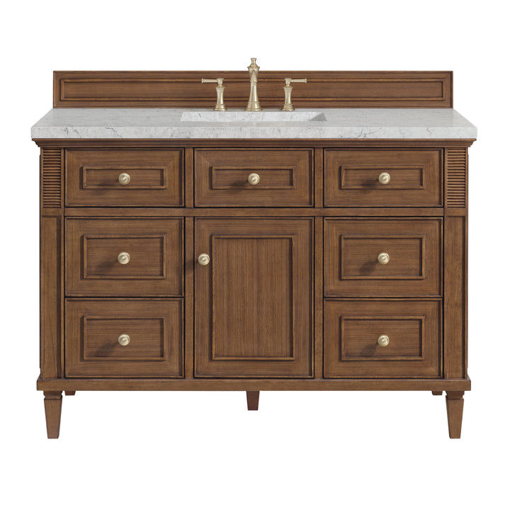 Lorelai 48" Single Vanity, Mid-Century Walnut w/ 3 CM Eternal Jasmine Pearl Silestone Top w/FreePower Wireless Charger