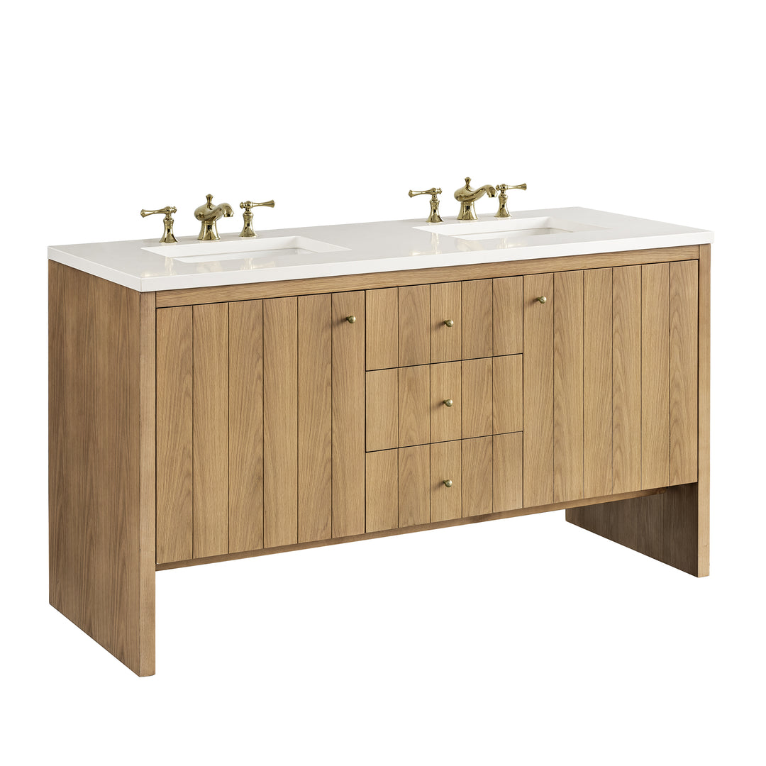 Hudson 60" Double Vanity, Light Natural Oak w/ 3 CM White Zeus Top