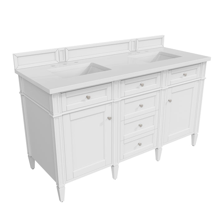 Brittany 60" Double Vanity, Bright White Vanity w/ 3 CM White Zeus Silestone Top