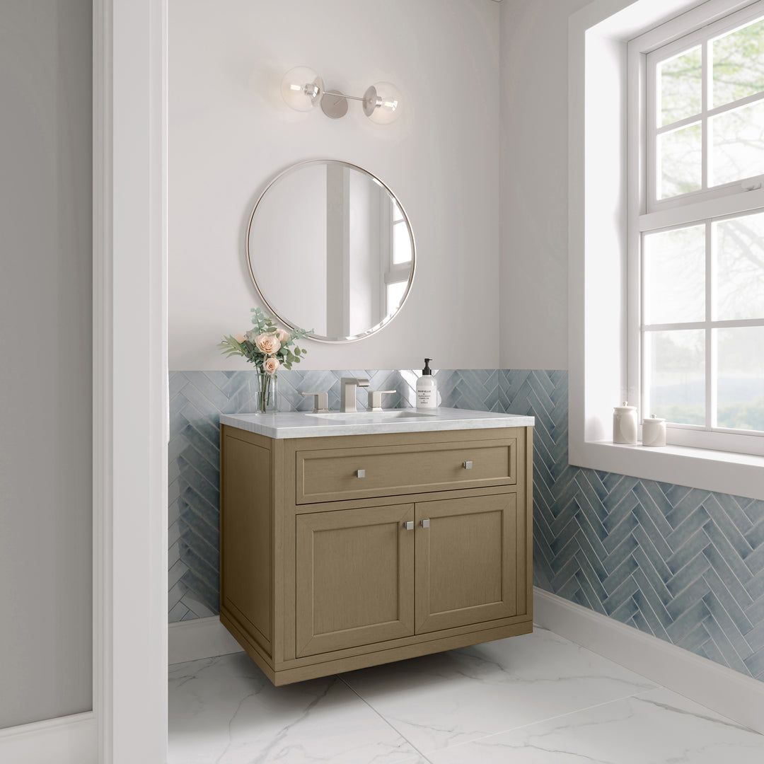 Chicago 36" Single Vanity, Walnut Whisper, w/ 3 CM Arctic Fall Solid Surface Top