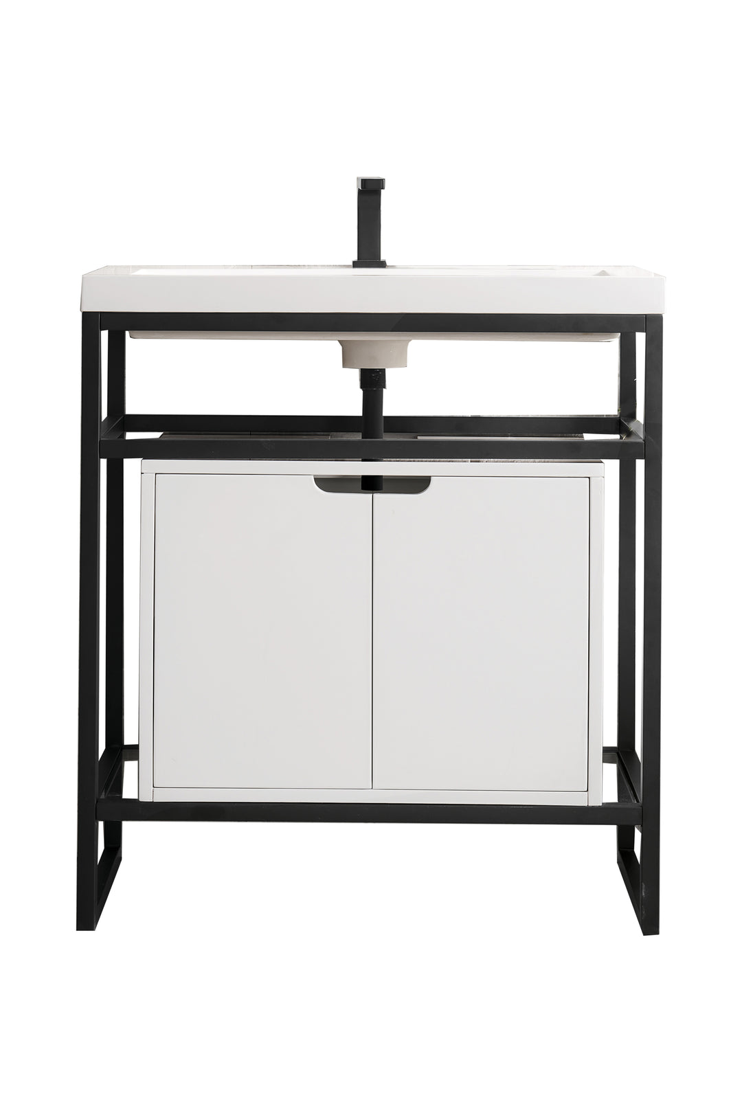 Boston 31.5" Single Console Vanity, Matte Black, Glossy White Storage, White Glossy Composite Stone