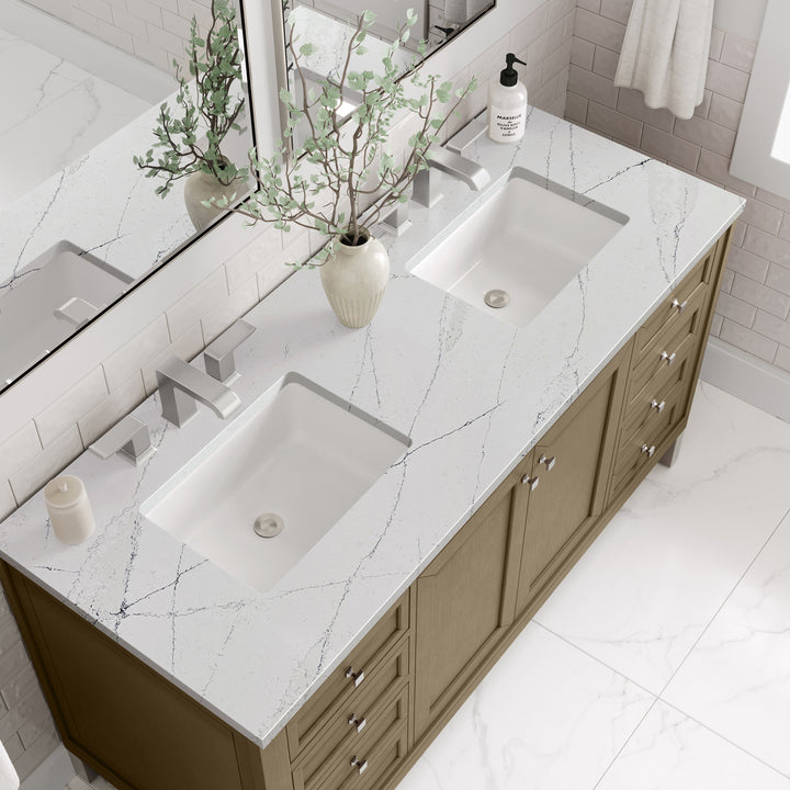 Chicago 60" Double Vanity, Walnut Whisper, w/ 3 CM Ethereal Noctis Silestone® Top w/FreePower Wireless Charger