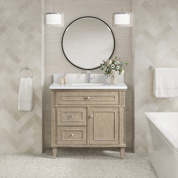 Lorelai 36" Single Vanity, Whitewashed Oak w/ Single Hole 3 CM White Zeus Silestone Top & Backsplash