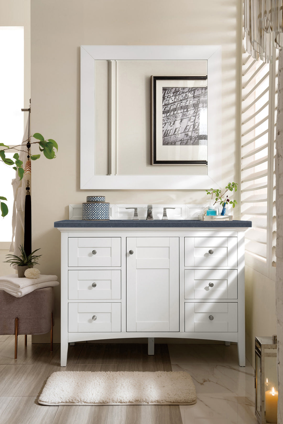 Palisades 48" Single Vanity, Bright White w/ 3 CM Charcoal Soapstone Silestone Top