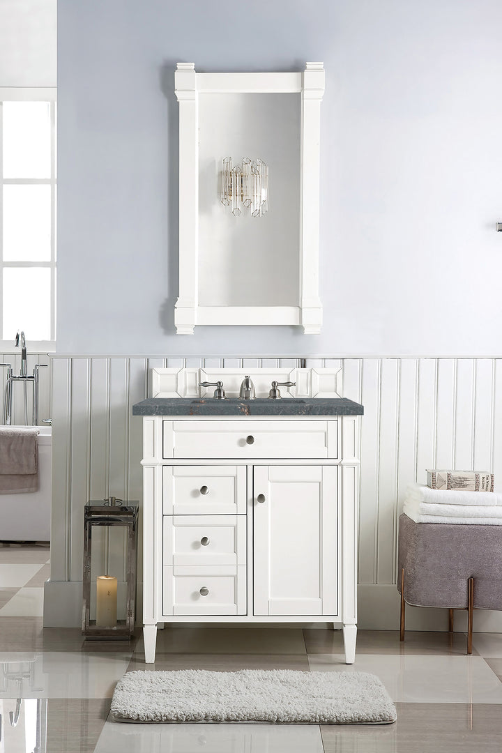 Brittany 30" Single Vanity, Bright White, w/ 3 CM Parisien Bleu Silestone Top
