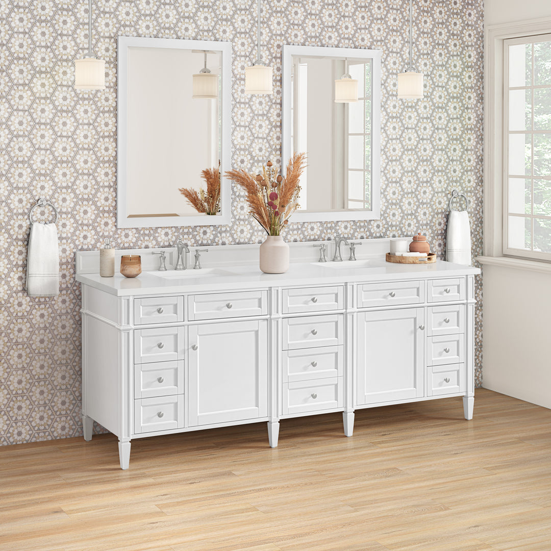 Brittany 84" Double Vanity, Bright White w/ 3 CM White Zeus Silestone Top