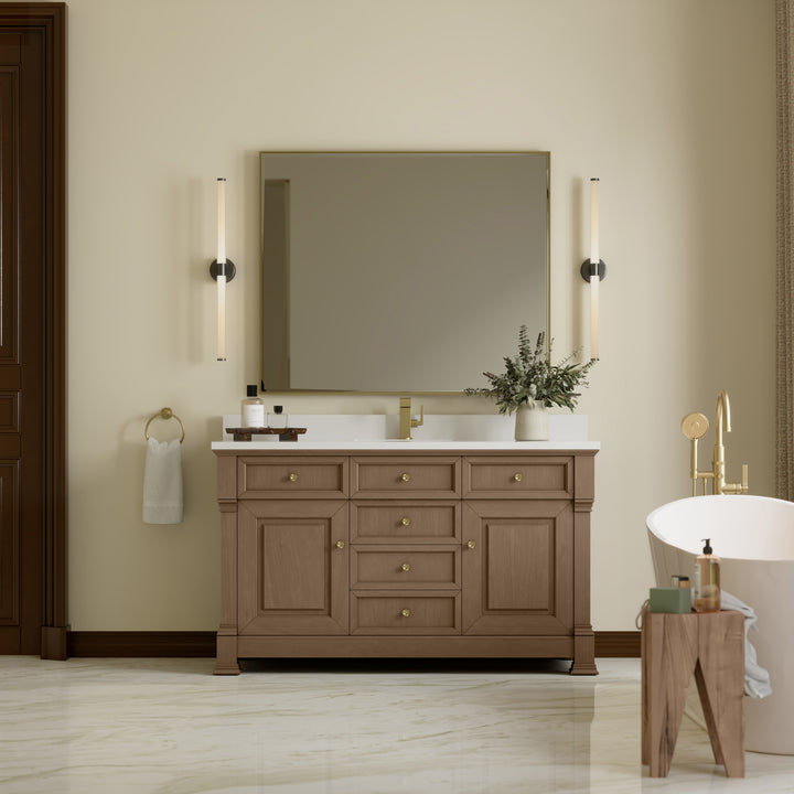 Brookfield 60" Single Vanity, Pecan w/ Single Hole 3CM White Zeus Silestone® Top & Backsplash