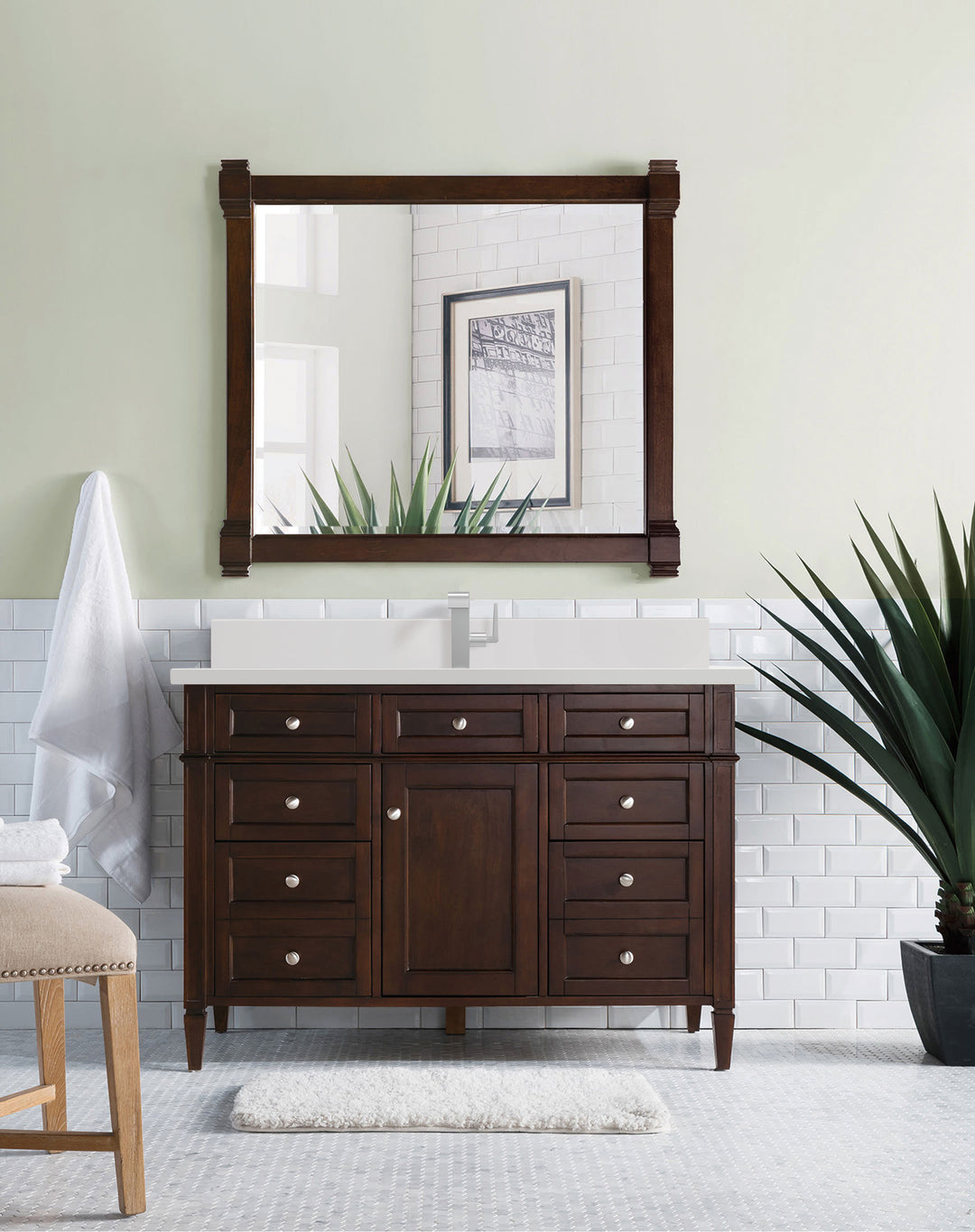 Brittany 48" Single Vanity, Burnished Mahogany w/ Single Hole 3 CM White Zeus Silestone Top & Backsplash