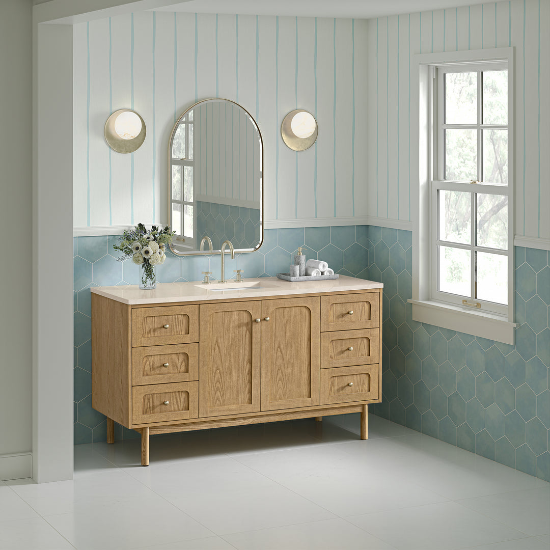 Laurent 60" Single Vanity, Light Natural Oak, w/ 3 CM Eternal Marfil Quartz Top