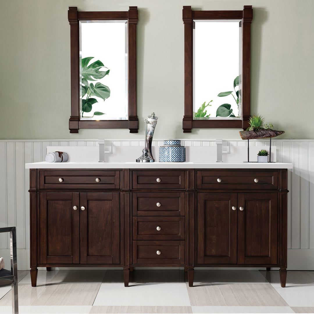 Brittany 72" Double Vanity, Burnished Mahogany w/ Single Hole 3 CM White Zeus Silestone Top & Backsplash