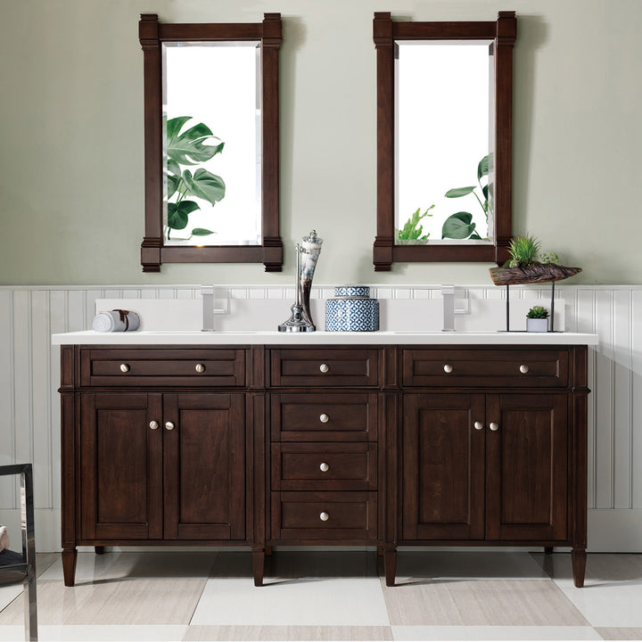 Brittany 72" Double Vanity, Burnished Mahogany w/ Single Hole 3 CM White Zeus Silestone Top & Backsplash