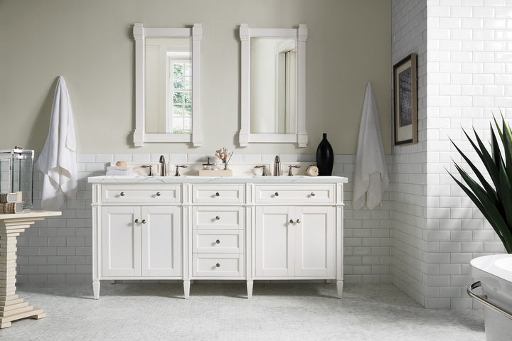 Brittany 72" Double Vanity, Bright White Vanity w/ 3 CM Ethereal Noctis Silestone Top w/FreePower Wireless Charger