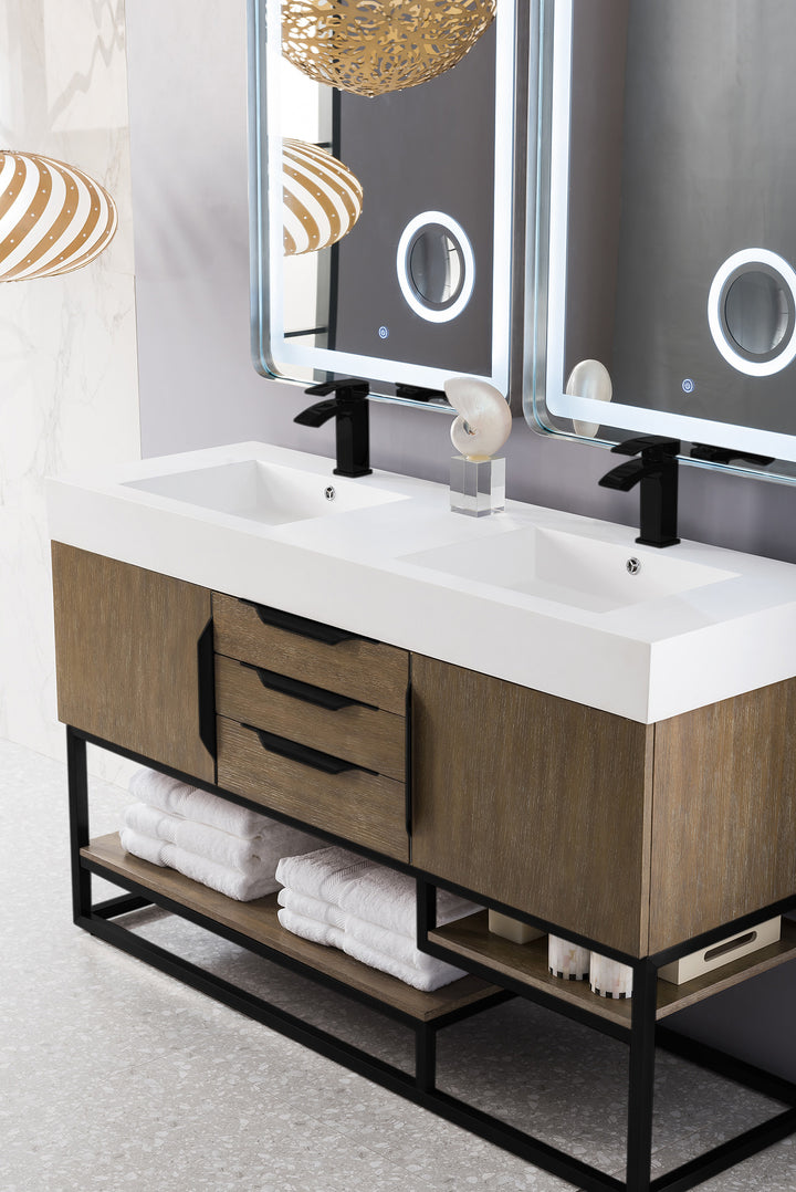 Columbia 59" Double Vanity, Latte Oak, Matte Black w/ Glossy White Composite Stone Top