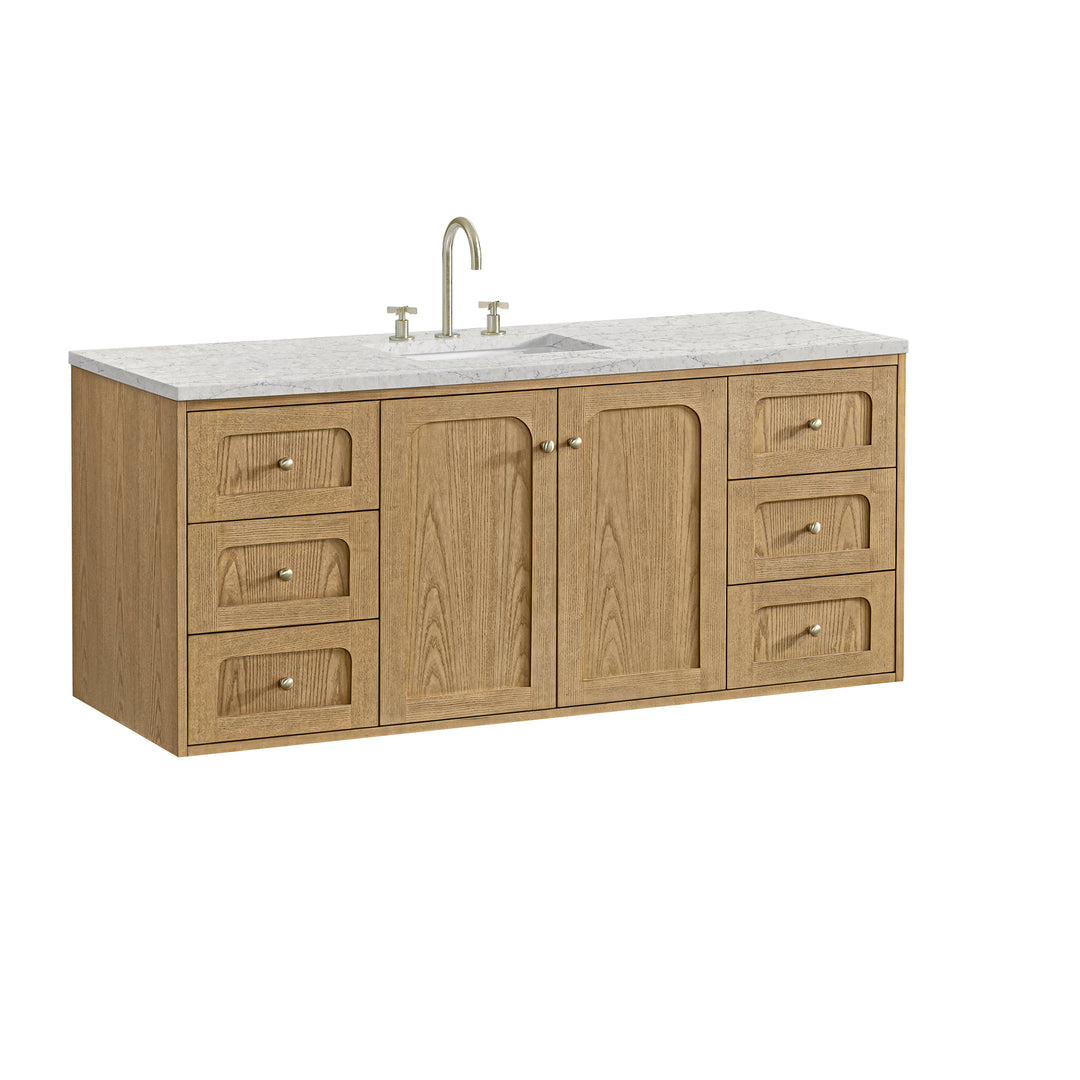 Laurent 60" Single Vanity, Light Natural Oak, w/ 3 CM Eternal Jasmine Pearl Quartz Top